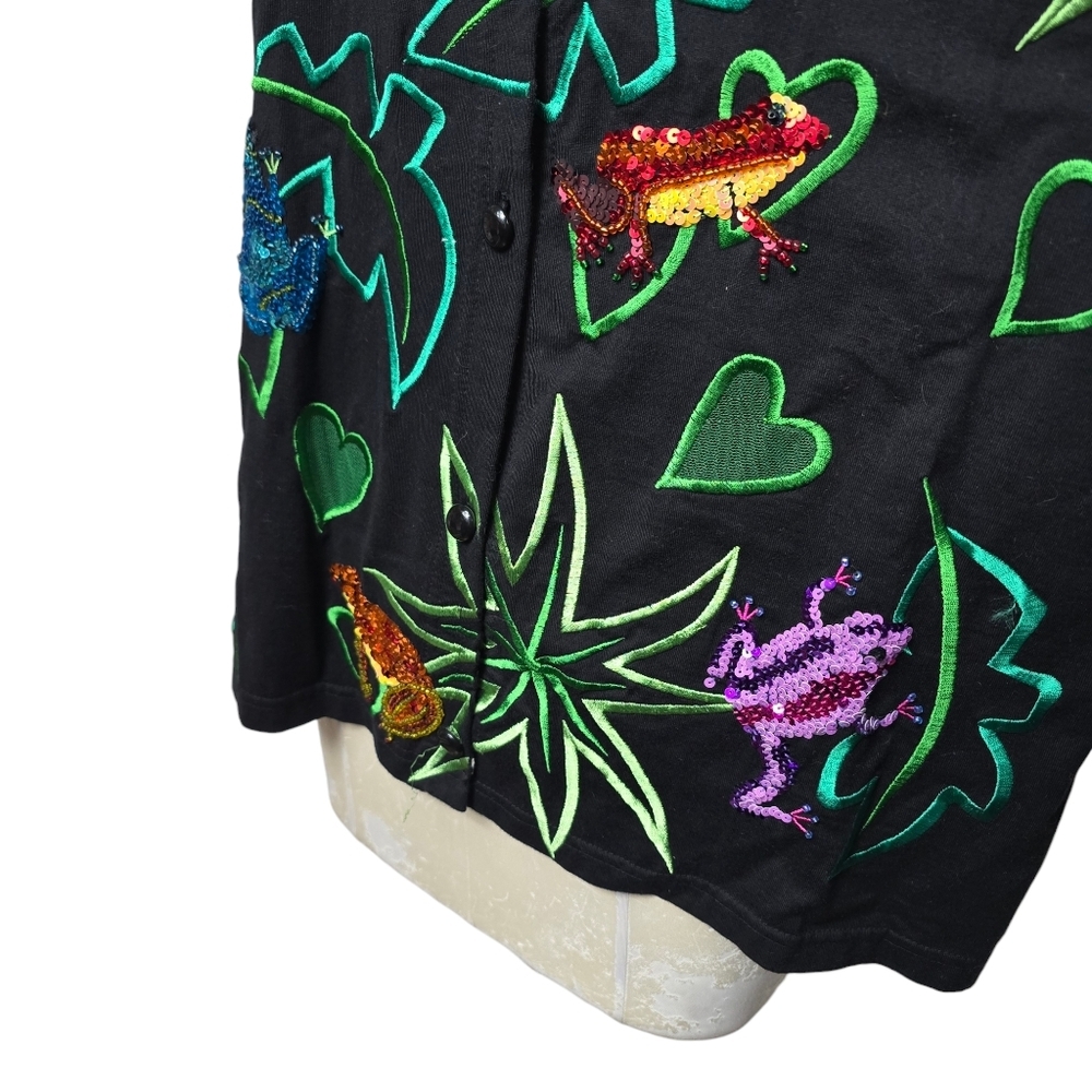 Michael Simon Sequin Frog Cardigan Sweater Black Knit Button Down Size L - Picture 4 of 9